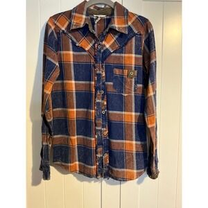 BKE Women's Plaid Button Up Shirt Embroidered Back Blue Orange Size S